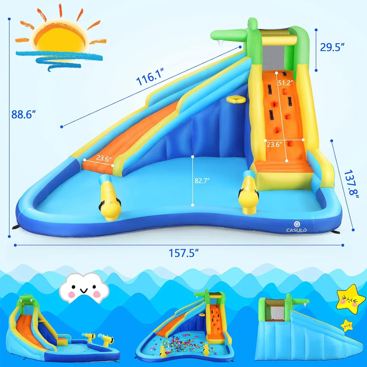 13.2' x 11.5' Crocodile Kids Inflatable Water Slides Water Bounce House Water Park with Air Blower