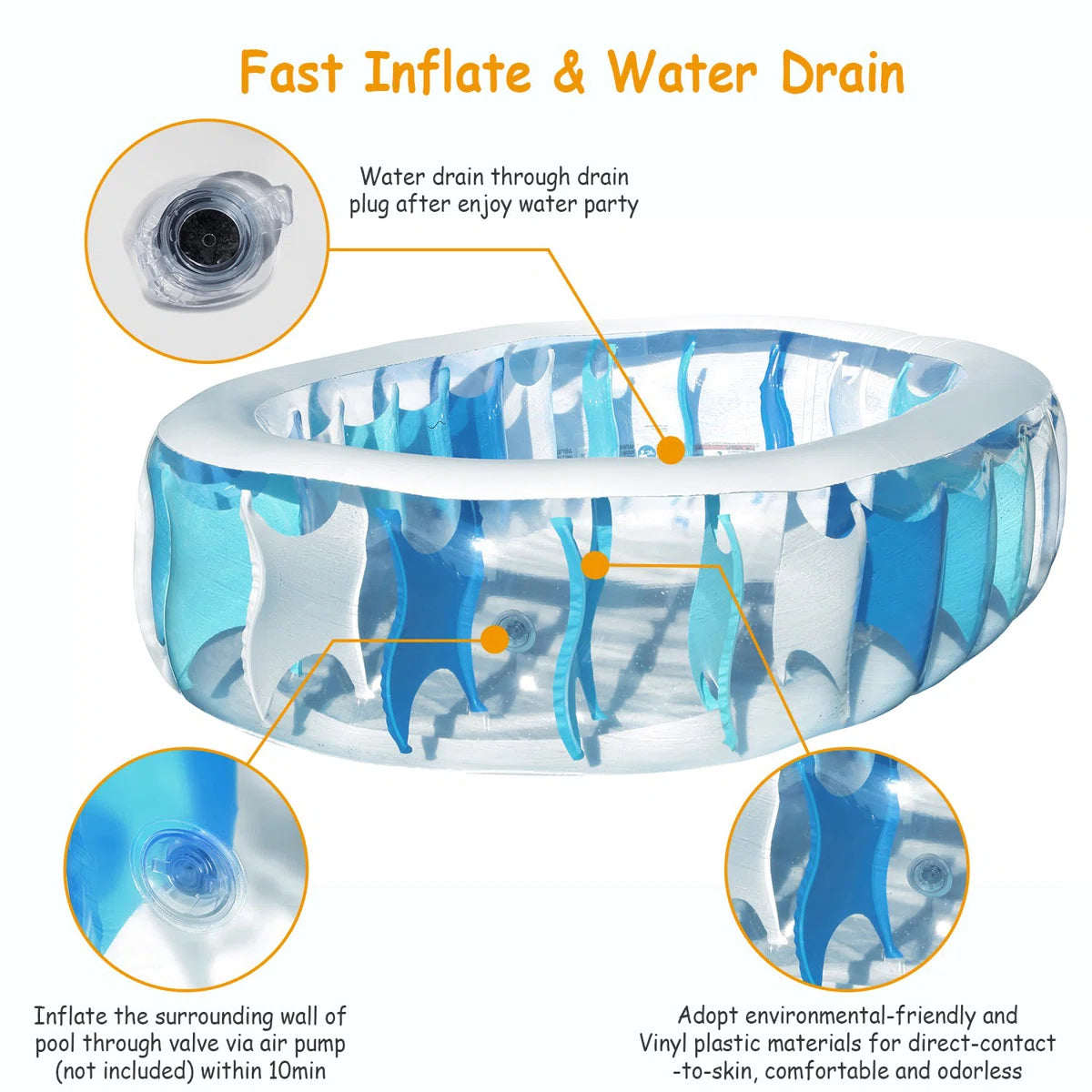 Plastic Oval Inflatable Pool 20'' H x 60'' W x 90'' L