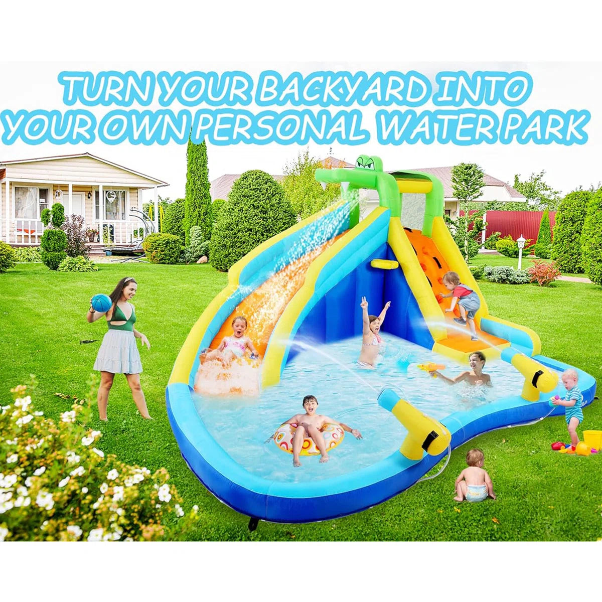 13.2' x 11.5' Crocodile Kids Inflatable Water Slides Water Bounce House Water Park with Air Blower