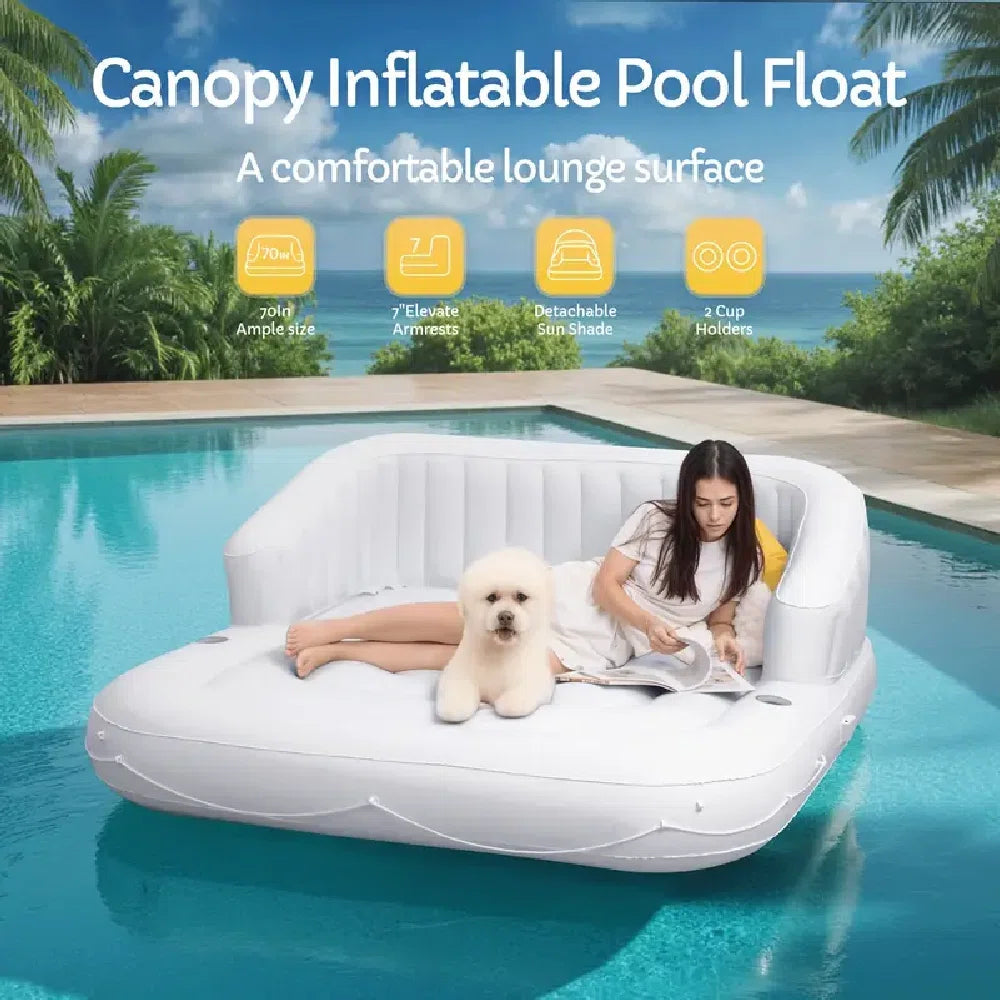 70In Inflatable Pool Float With Removable Canopy - 2-Person Tanning Lounger